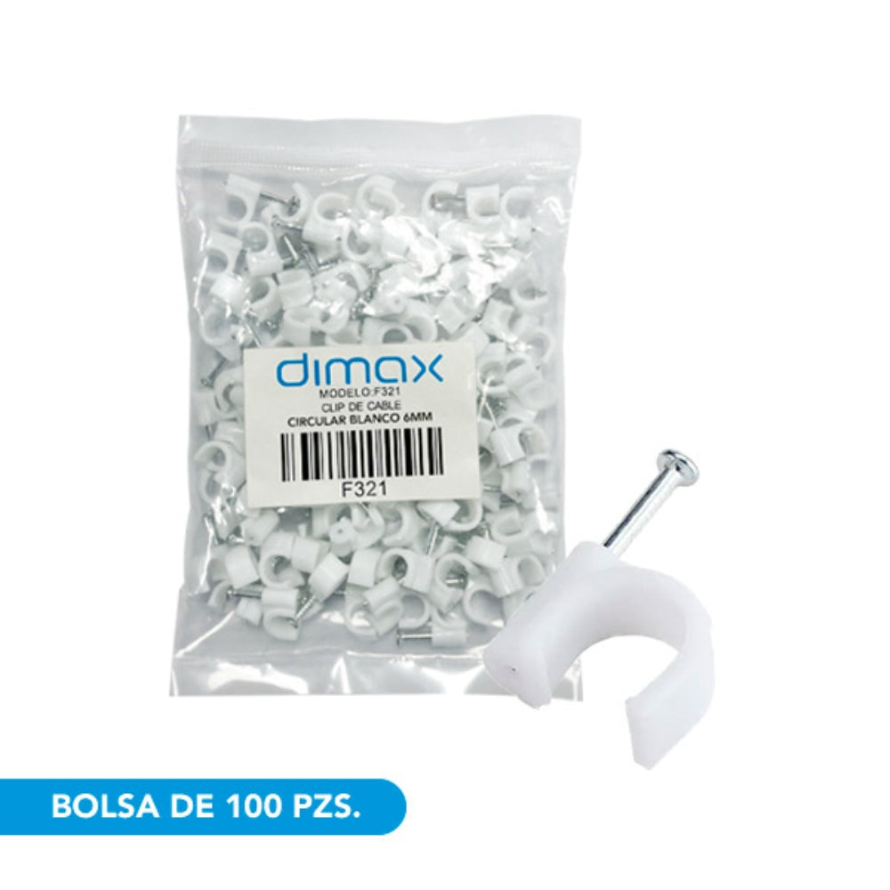 Set de 100 Clips Dimax para Sujecion de Cables Medida 6mm color Blanco f321