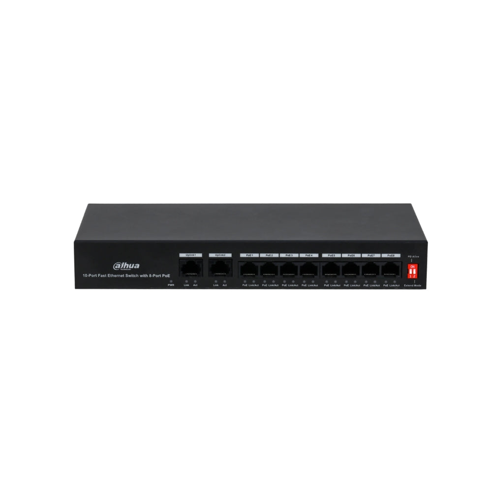 Switch Dahua 10 Puertos 2xUplink 100Mbps + 8 Puertos PoE 100Mbps 65Watts PFS3010-8ET-65