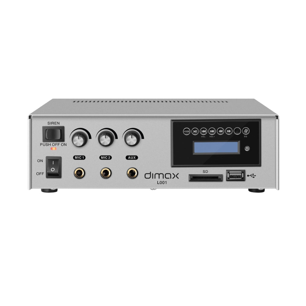 Amplificador Dimax para Megafonia 135 Watts Entrada 2xMIC Funcion USB SD FM BT Indicador de Voz Alimentacion 12Vdc L001