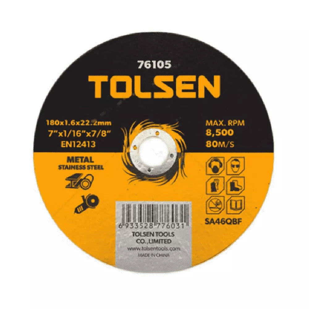 Disco de Corte Tolsen 7" 180x1.6x22.2mm para Metal y Acero Inoxidable Maximo 8,500 RPM 76105