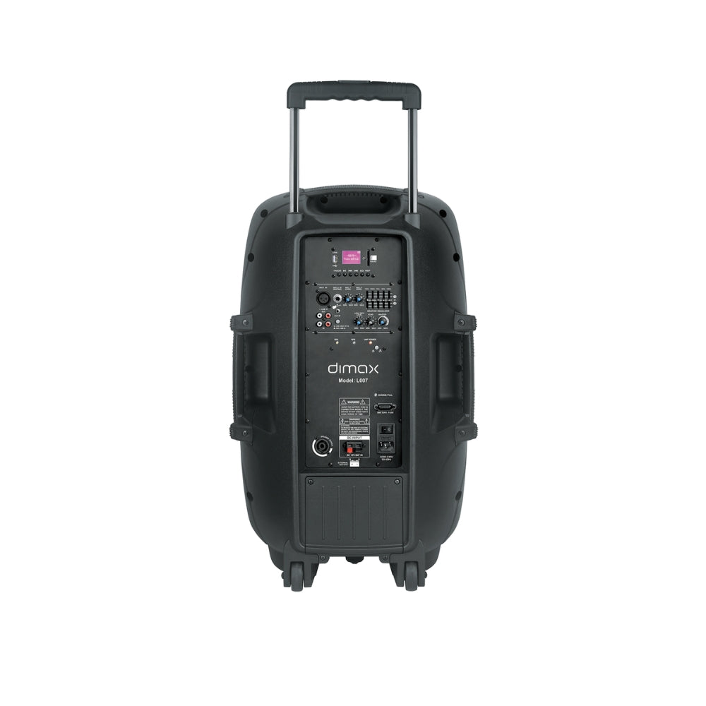 Parlante de Voz Dimax Altavoz 15" + 2 Microfonos UHF Potencia 180Watts RMS USB FM SD BT 8ohmios Alimentacion 90-220Vac 12Vdc L007