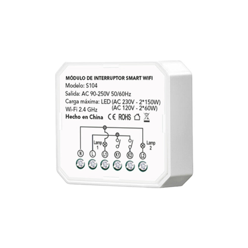Mini Rele Dimax Smart WiFi 2 Gang Corriente 2x5Amp Voltaje 90-250Vac WiFi Bluetooth Smart Life IP20 S104