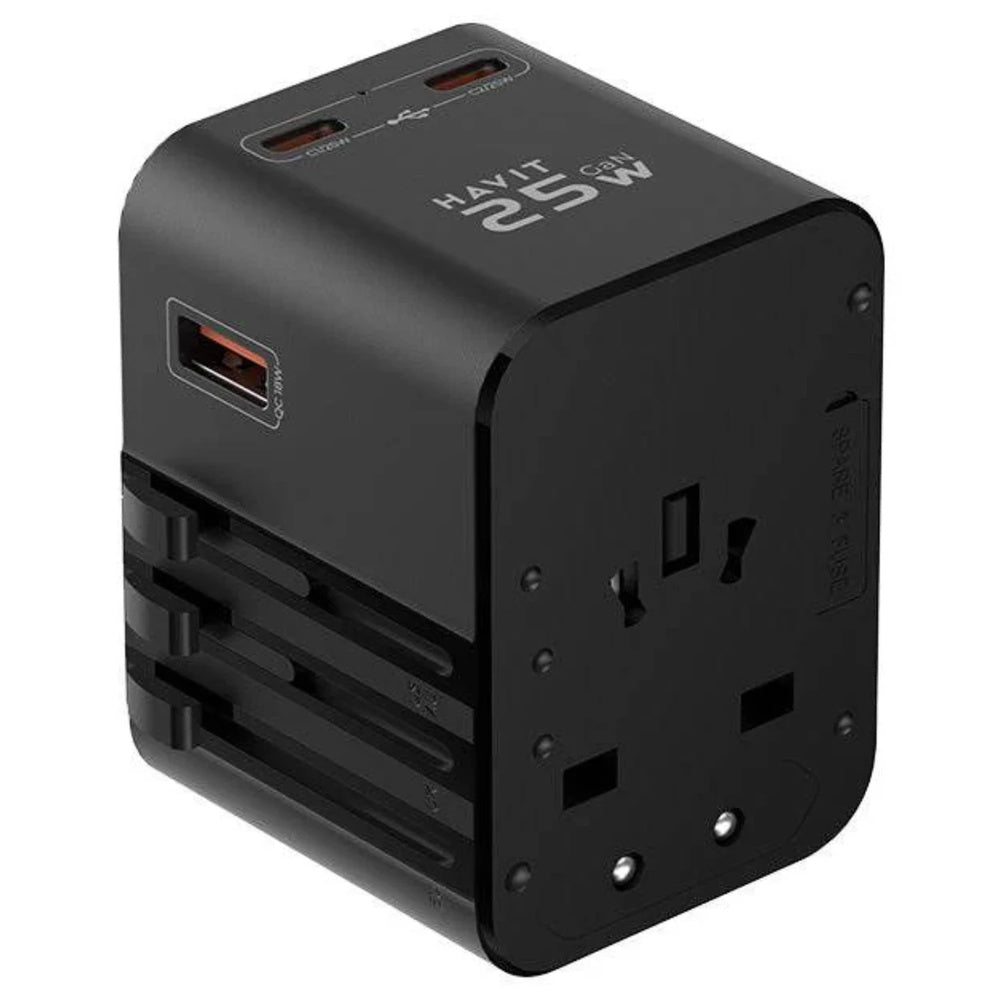 Cargador Havit 25W de Viaje Universal Soporta 4 Dispositivos al mismo tiempo 1xUSB-A 2xUSB-C 1xSalida AC UCT700-BK