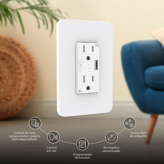 Tomacorriente de Pared Nexxt Inteligente con WiFi y USB soporta 10 Amp Compatible con Google y Amazon Alexa NHE-W100