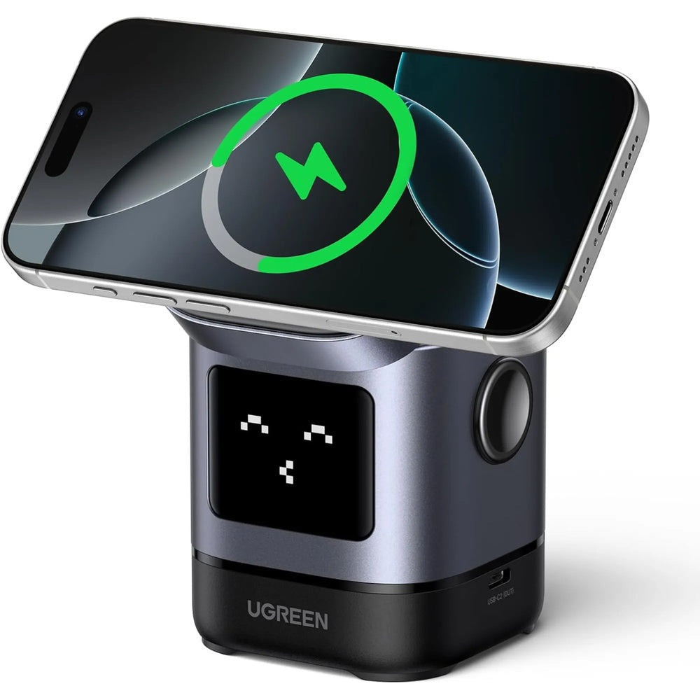 Cargador Ugreen Robot Qi2 2en1 15W Pantalla Frontal con Expresiones de Carga Sujecion Magnetica Ajuste de Angulo 45775