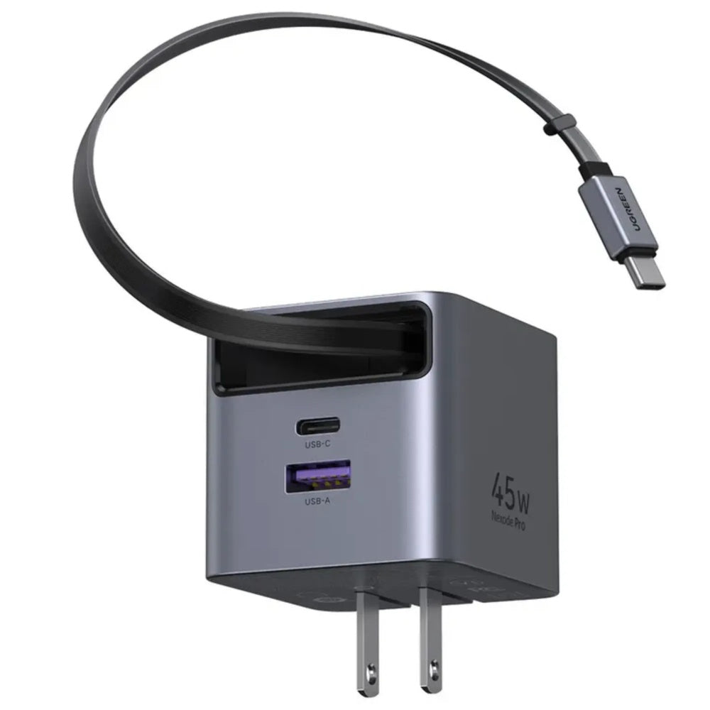 Cargador Ugreen 45W GaN Incluye Cable Retractil 70cm Puertos 1xUSB-C 1xUSB-A Acabado Premium 65821