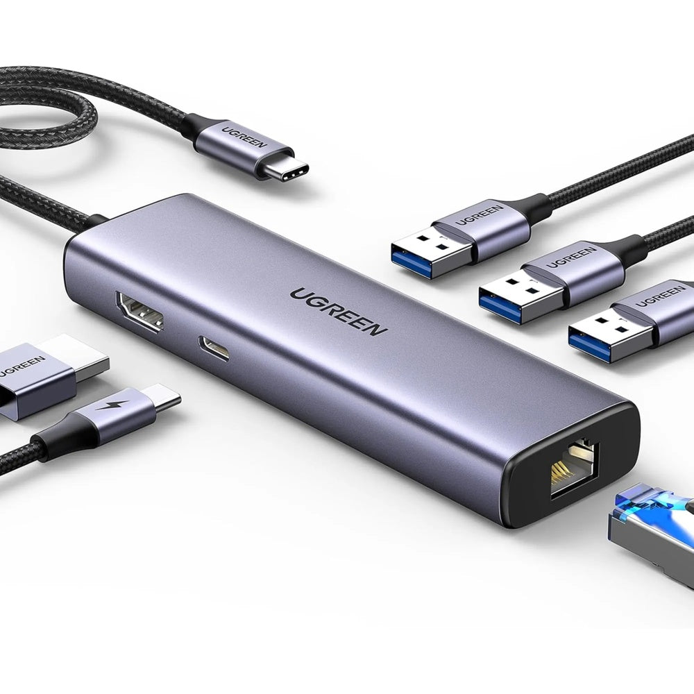 Hub USB-C Ugreen 6en1 1xHDMI 4K 30Hz 1xEthernet Gigabit 3xUSB-A 3.0 5Gbps PD100W Premium Metalico y Elegante 15598
