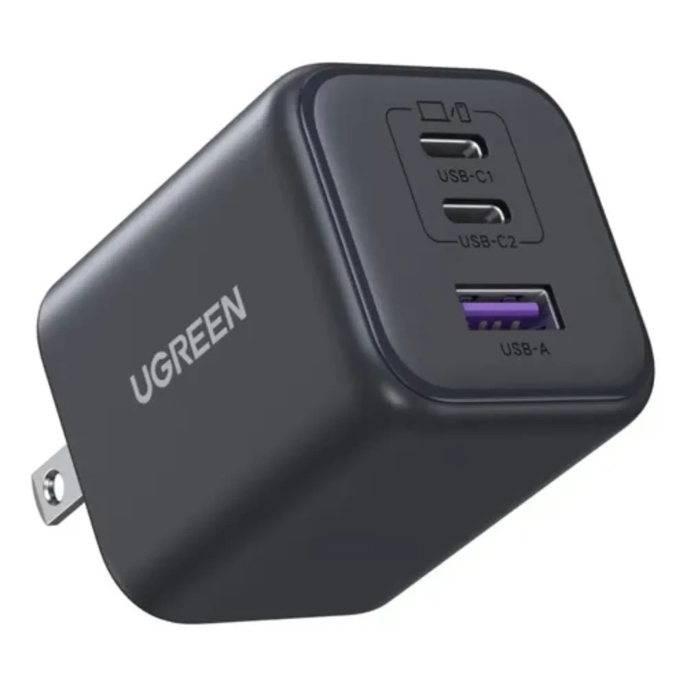 Cargador Ugreen 45W GaN Ultra Rapido Puertos 1xUSB-A 2xUSB-C 3 Cargas en Simultaneo 65155B