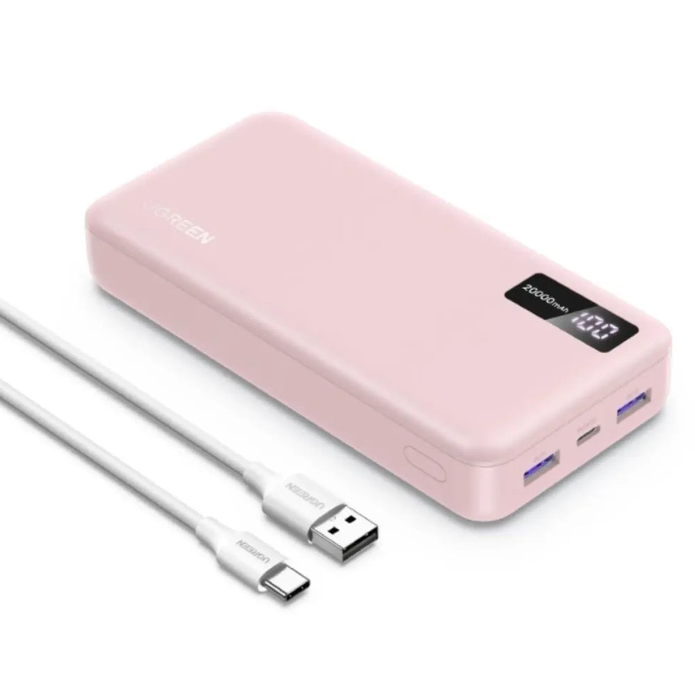 Power Bank Ugreen 20.000mAh Carga Rapida Bidireccional PD3.0 USB-C 20W y 2xUSB-A Pantalla Digital color Rosado 65589B