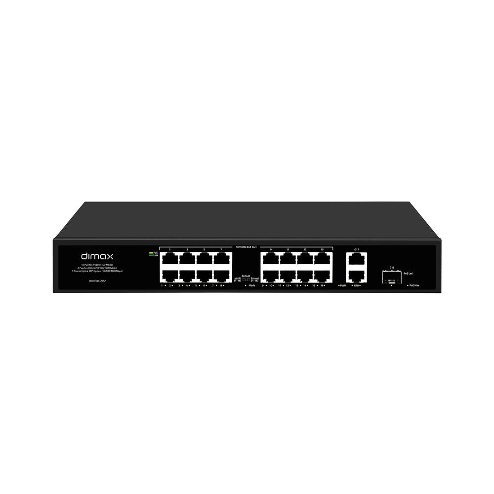 Switch Dimax 16 Puertos 100 Mbps PoE hasta 250m con UTP Cat.6 2xRJ45 Uplink Gigabit IEEE802.3ue af/at Z052