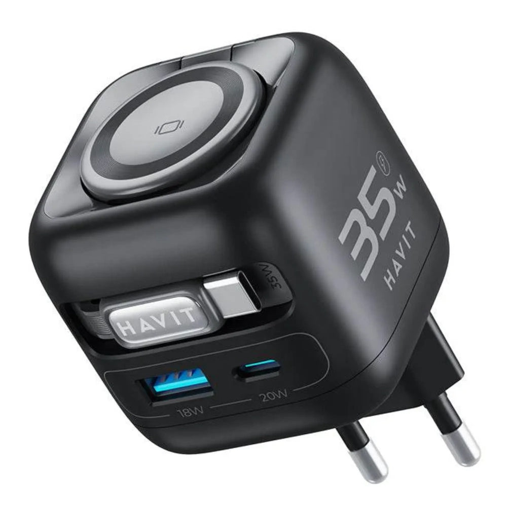 Cargador Havit 35W Multifuncion Cable Retractil USB-C 70cm + 1xUSB-A + 1xUSB-C + Base Carga Inalambrica UC250 A-EU-BKG