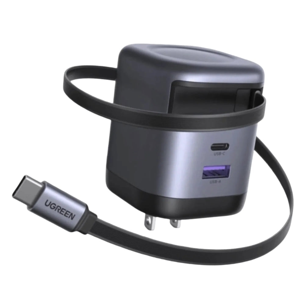 Cargador Ugreen 65W Nexode GaN Incluye Cable Retractil 70cm Puertos 1xUSB-C 1xUSB-A Proteccion Electrica 65824