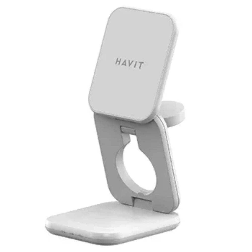 Cargador Havit Inalambrico 3en1 Diseño Plegable y Compacto para Celular Reloj y Audifono color Blanco W3038-WH