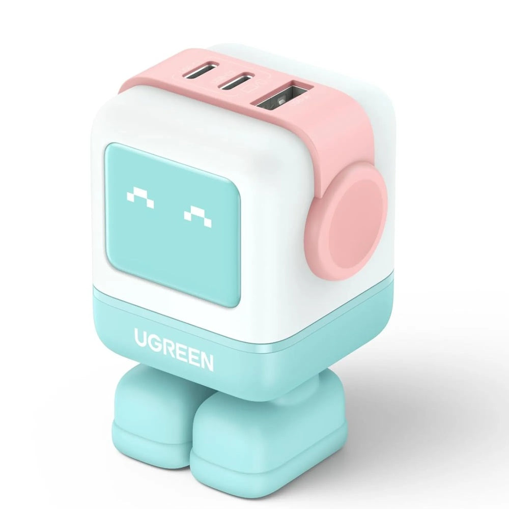Cargador Ugreen USB-C 65W Nexode Robot GaN con Pantalla LED Puertos 1xUSB-A 3.0 y 2xUSB-C color Rosa+Azul 35856