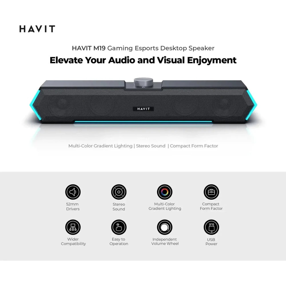 Barra de Sonido Gamer Havit RGB Drivers 52mm Conexion AUX 3.5mm Multiplataforma Potencia 3Wx2 Cable 1.2m M19