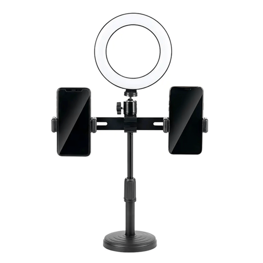 Soporte Havit con Aro de Luz para 2 Celulares al Mismo Tiempo de hasta 7" con 3 Tipos de Luz Altura 25 a 41cm color Negro ST7021