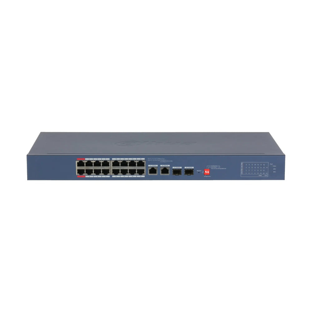 Switch Administrable Dahua 18 Puertos 10/100Mbps PoE 135Watts hasta 250m Watchdog 2xUplink Gigabit DH-CS4218-16ET-135-V2