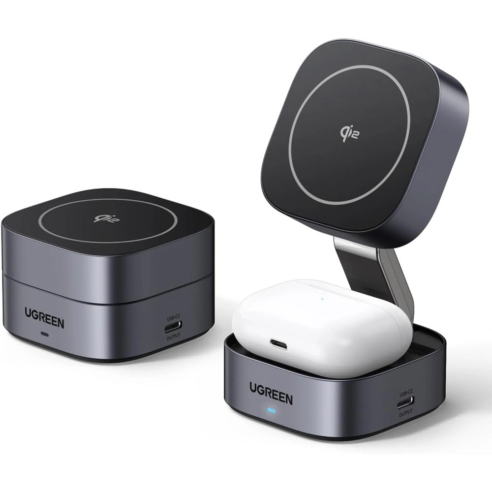 Cargador Inalambrico Ugreen Magnetico 2en1 Magflow Qi2 Magsafe Carga Simultanea + 1xUSB-C Plegable Portatil 35316