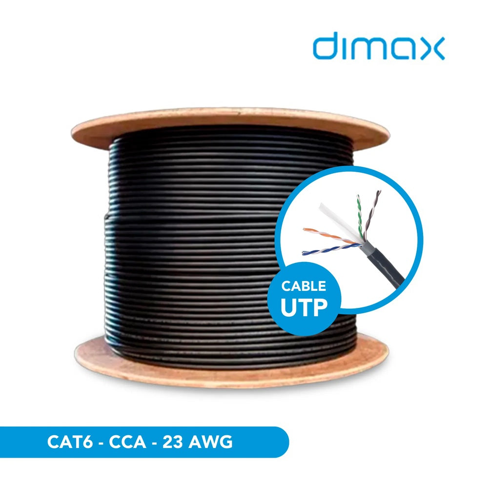 Cable UTP Dimax Cat6 Exterior Aleacion CCA 23AWG 4 Pares Pass Fluke Chaqueta Doble Carrete de Madera 305m Negro C925