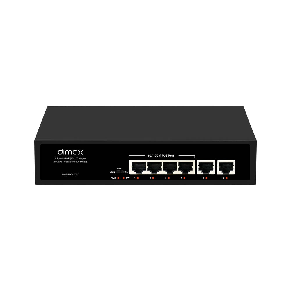 Switch Dimax 4 Puertos 100 Mbps PoE hasta 250m con UTP Cat.6 2xRJ45 Uplink 100Mbps IEEE802.3ue af/at Z050