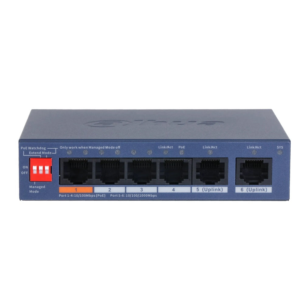 Switch Administrable Dahua 6 Puertos 4xPoE 2xGigabit Hi-PoE PoE Watchdog 250m IEEE 802.1Q VLAN DH-CS4006-4ET2GT-60