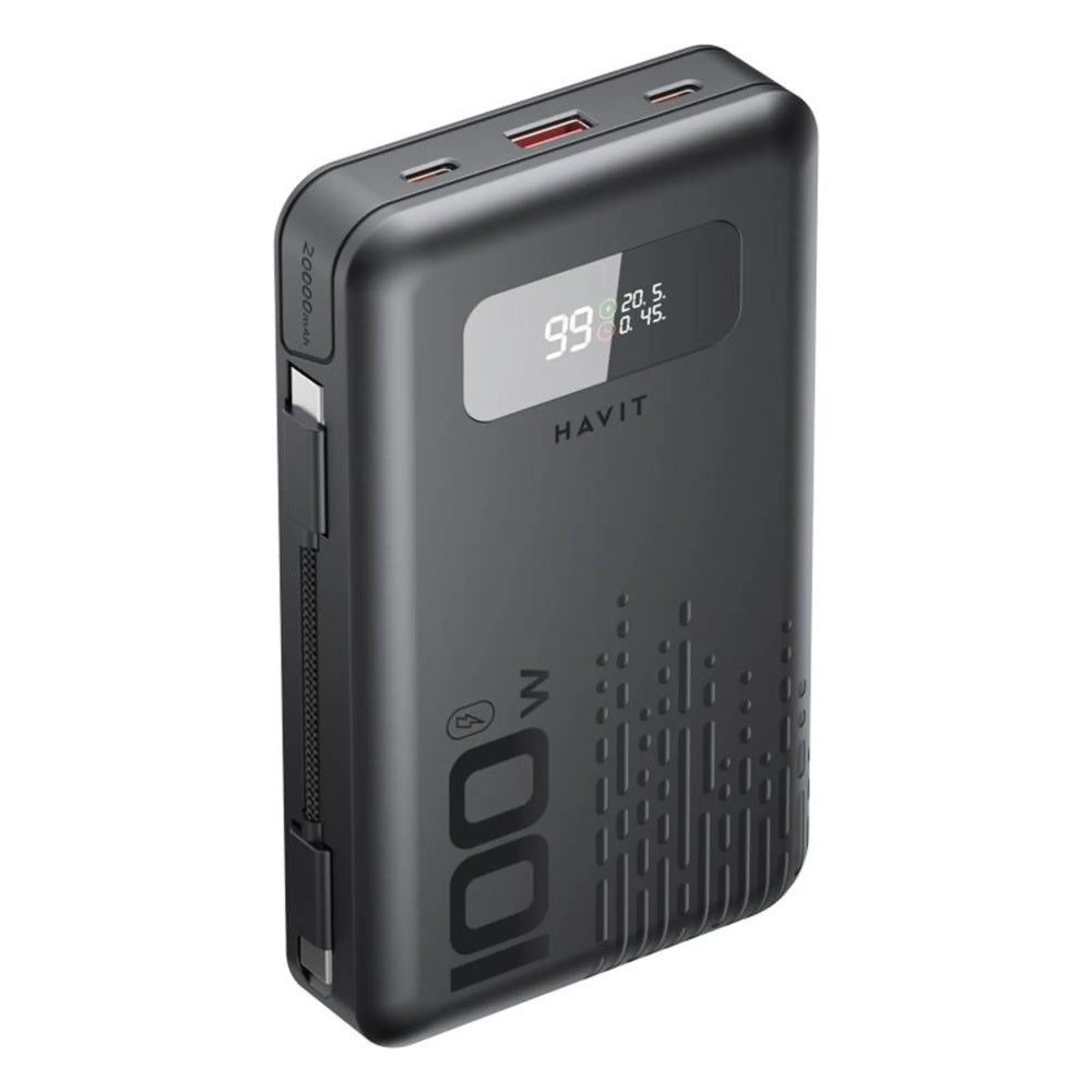 Power Bank Havit 20.000mAh 100W Carga 3 Dispositivos Simultaneo Incluye Cable de Carga Pantalla Integrada PB5212-BK