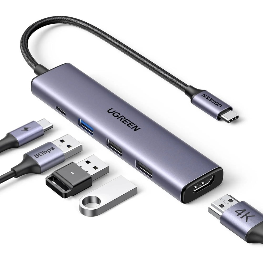 Adaptador Ugreen USB-C Multifuncional Revodok 5en1 HDMI 4K 30fps USB-C PD 100W USB-A 3.0 5Gbps 2xUSB-A 480Mbps 15495