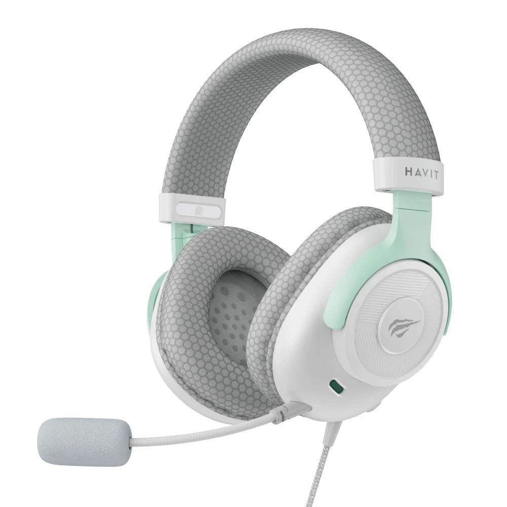 Audifono Gamer Havit Microfono Omnidireccional Driver 50mm Puerto AUX Blanco+Cyan Cable 1.8m H2230E-WHC