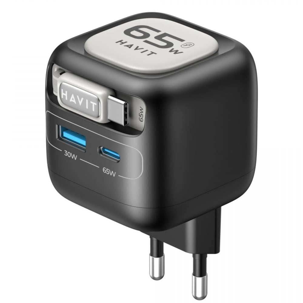 Cargador Havit 65W con Cable Retractil de 70cm Puertos 1xUSB-A y 1xUSB-C UC253 US-BKG