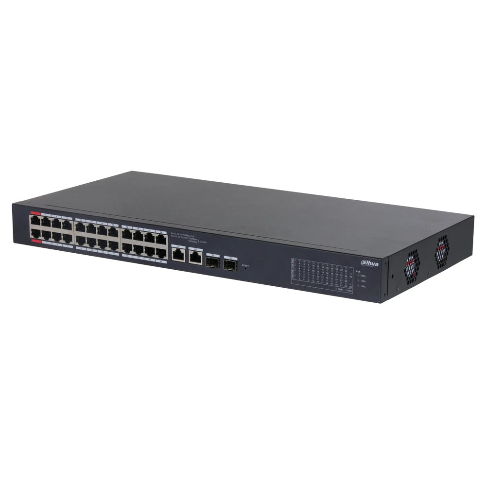 Switch Administrable Dahua 26 Puertos 24xPoE 240Watts 2x90Watts Watchdog 2xUplink Metalico DH-CS4226-24ET-240-V2
