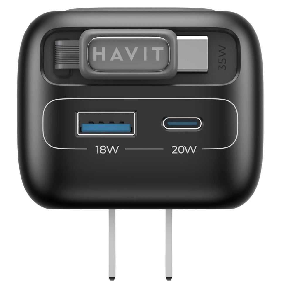 Cargador Havit GaN 35W con Cable Retractil de 70cm Incluye Puerto 1xUSB-A 1xUSB-C UC251 Carga Inteligente US-BKG