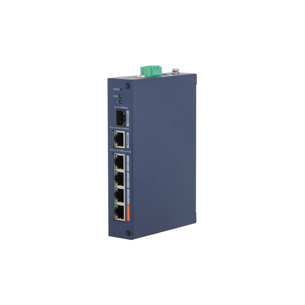 Switch Administrable Dahua 6 Puertos 4xPoE 1xPuerto TX 250m Metalico RielDIN DH-CHS4106-4ET-60