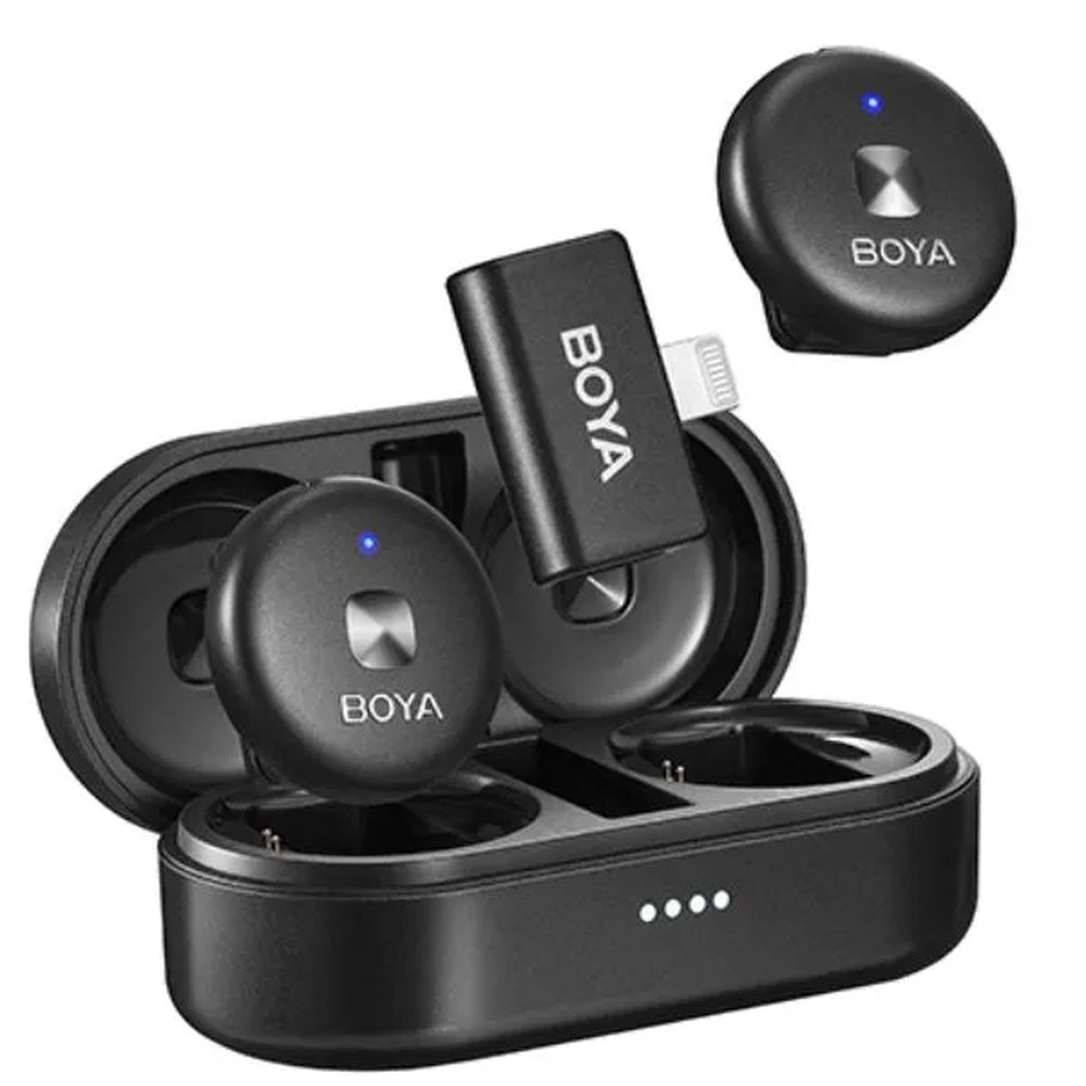 Microfono Inalambrico Boya Doble Canal Audio HD 48KHz con NC Activo Bateria 5Horas Alcance 50m Puerto Lightning Omic-D