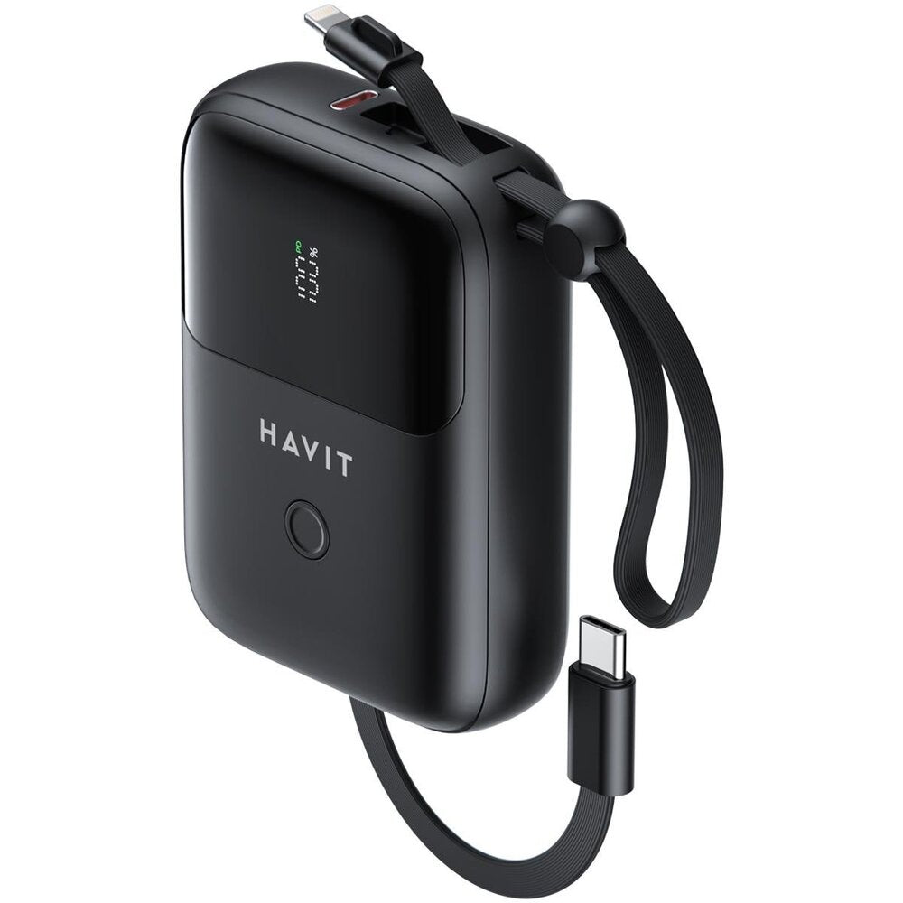 Cargador Portatil Havit Power Bank de 10.000 mAh con Indicador Digital doble salida USB-C y Lightning color Negro PB5215-BK