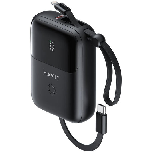 Cargador Portatil Havit Power Bank de 10.000 mAh con Indicador Digital doble salida USB-C y Lightning color Negro PB5215-BK