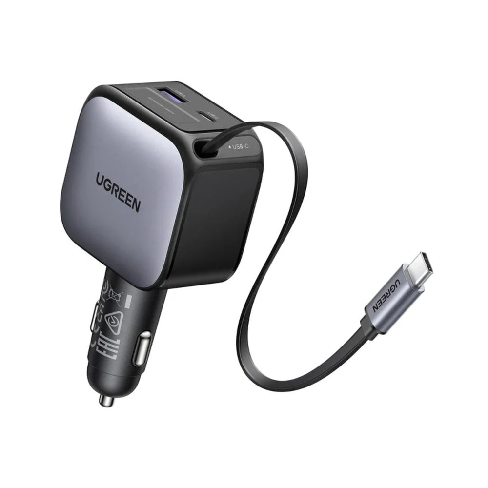 Cargador Ugreen de Vehiculo 90W con Cable Retractil 70cm Puertos 1xUSB-A 1xUSB-C Compatibilidad Universal 55909B