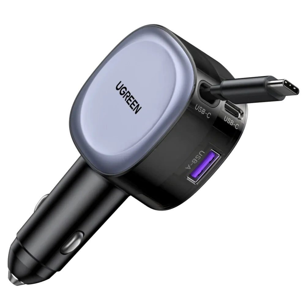 Cargador de Auto Ugreen 75W Cable Retractil de 75cm 75W Puertos 1xUSB-A y 1xUSB-C Carga hasta 3 Dispositivos 55653