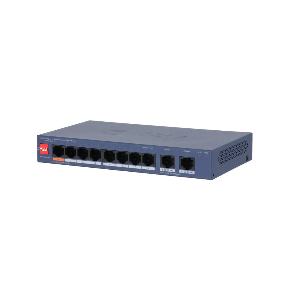 Switch Administrable Dahua 10 Puertos 10/100Mbps 8xPoE Total 60Watts 2xRJ45 Gigabit DIP Switch DH-CS4010-8ET2GT-60