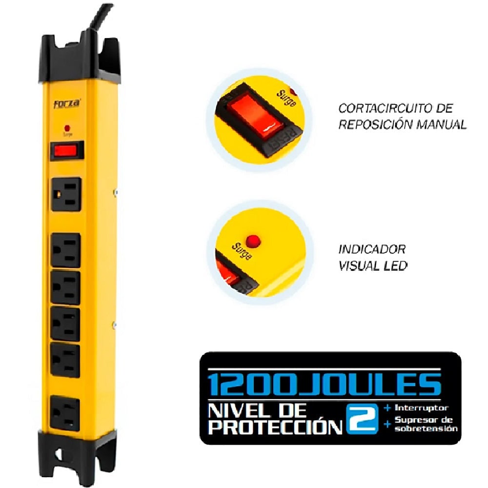 Protector de Sobretension Forza 2200Watts 6x Salida NEMA 5-15P Indicador LED de Estado Metalico FSP-806