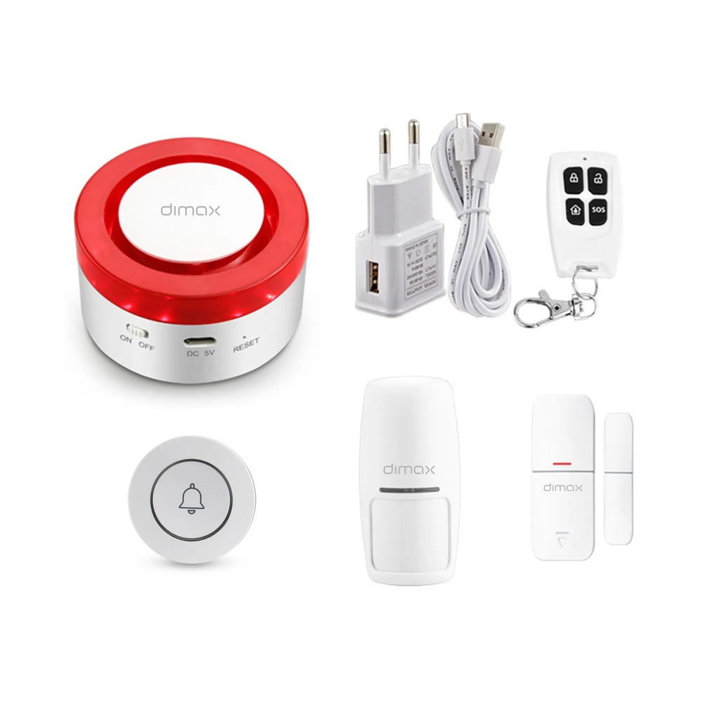 Kit de Alarma Smart Dimax WiFi Incluye Hub Sirena Contacto Magnetico Sensor de Mov. Control Remoto APP Celular R323