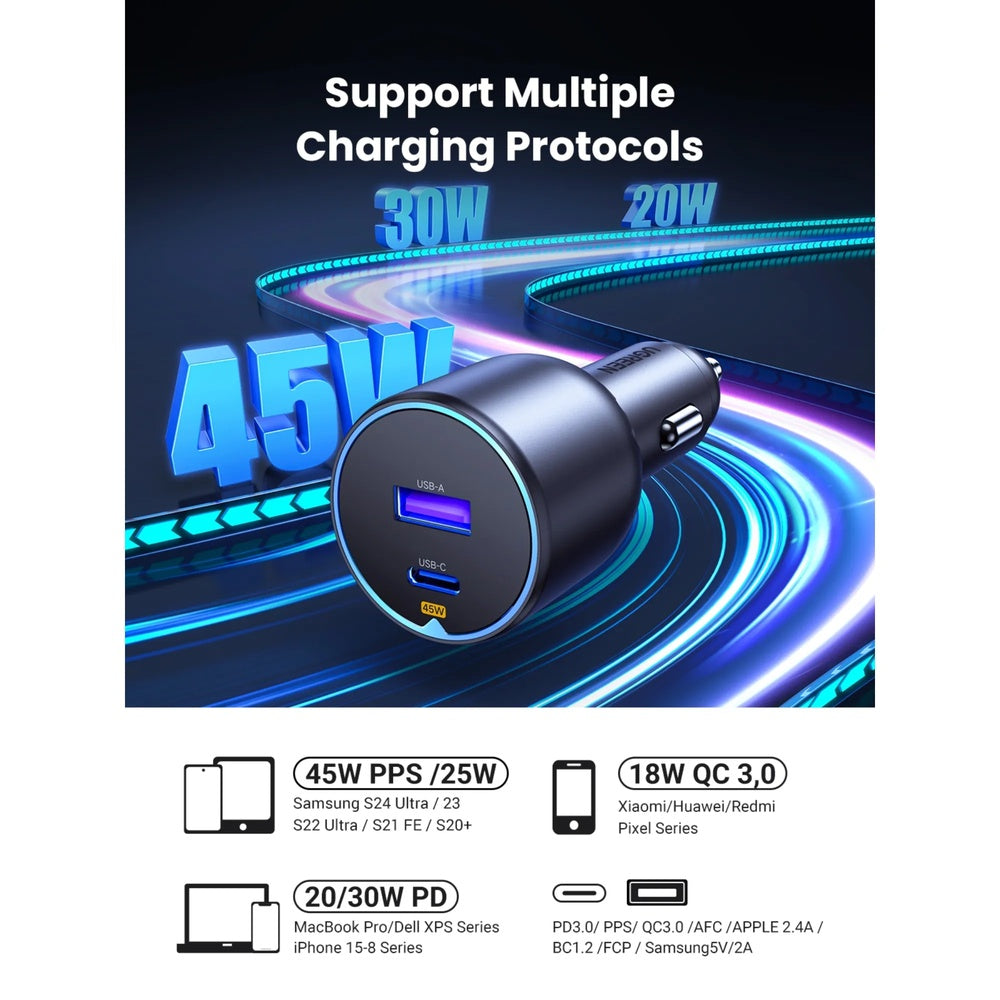 Cargador Ugreen de Vehiculo 63W Carga Ultra Rapida USB-C hasta 45W USB-A hasta 18W Compatible PC 3.0 QC 3.0 35023-EC701