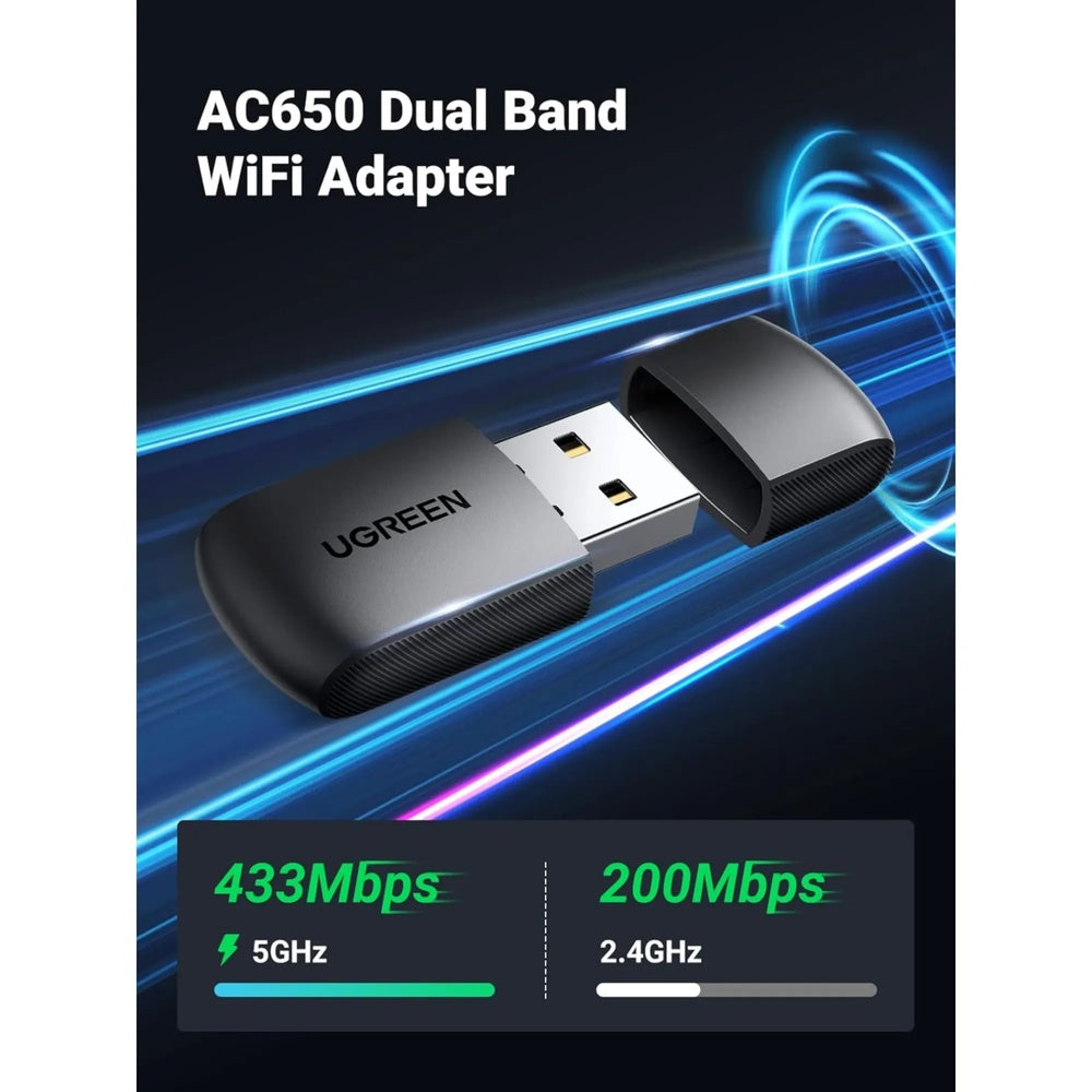 Adaptador Ugreen USB-A a WiFi Doble Banda AC650 2.4GHz 200Mbps 5GHz 433Mbps No Incluye Tapa 20204