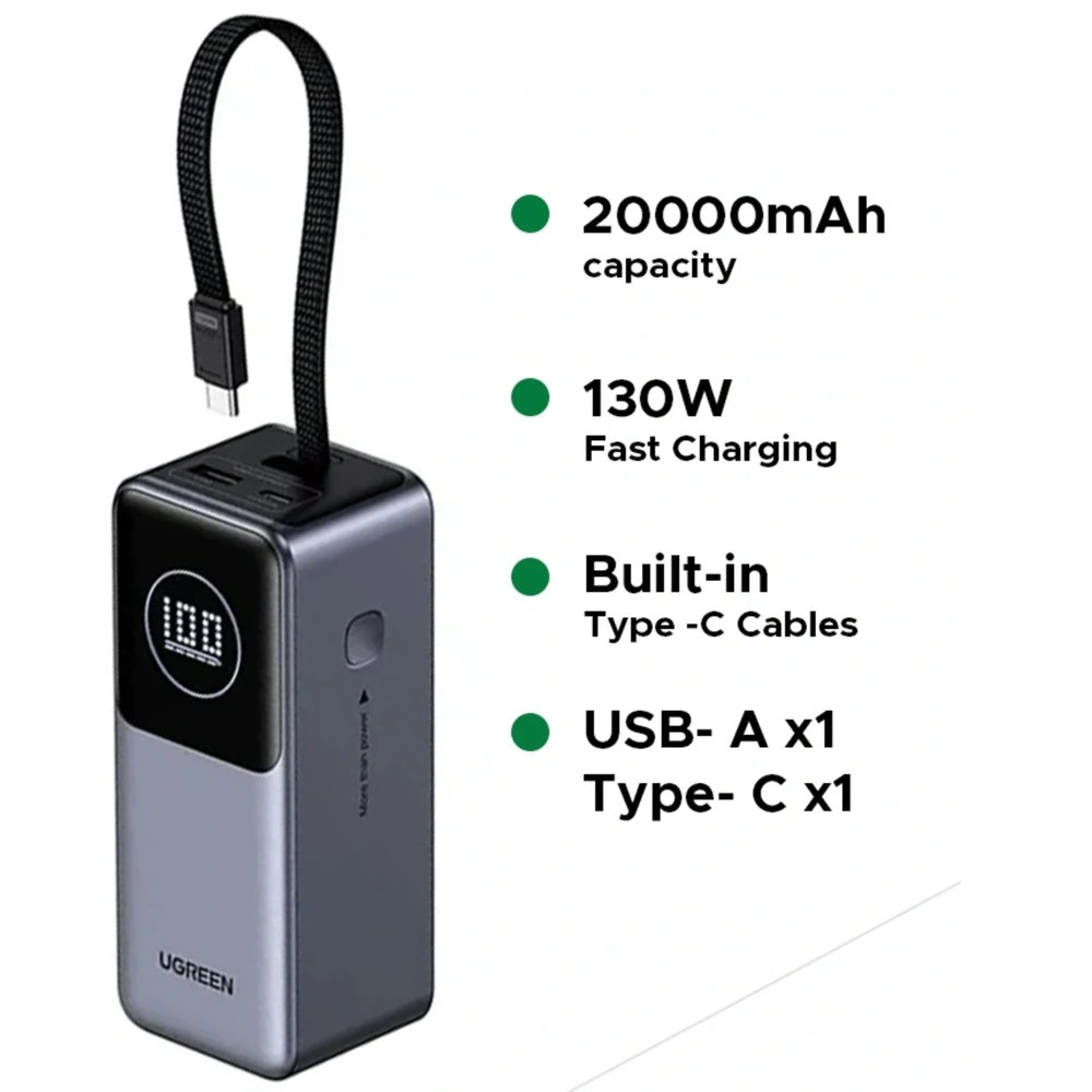 Power Bank Ugreen Nexode 20.000mAh Carga Ultrarapida hasta 130W Pantalla TFT Cable USB-C Puerto 1xUSB-A 1xUSB-C 55365B