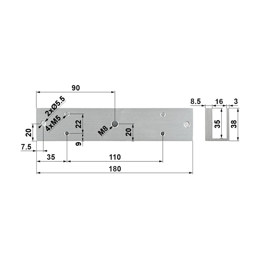 Bracket U Dahua para Cerradura DHI-ASF280U-V1 de Aluminio Alta Resistencia para Blindex Aluminio Metal DHI-ASF280U-V1