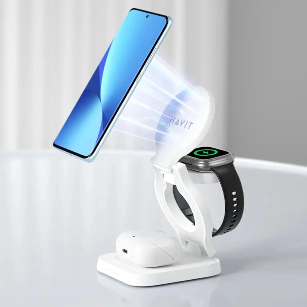 Cargador Havit Inalambrico 3en1 Diseño Plegable y Compacto para Celular Reloj y Audifono color Blanco W3038-WH