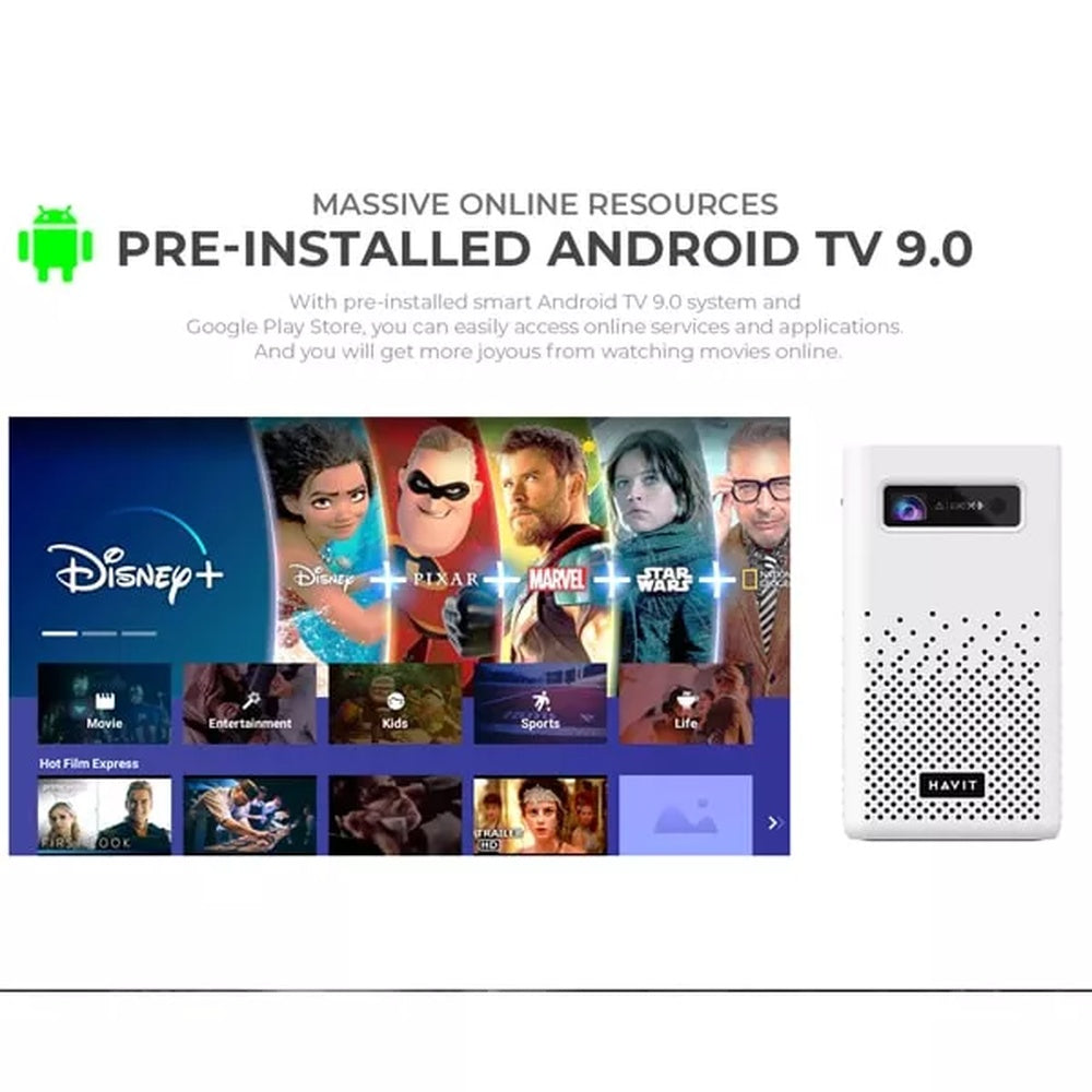 Mini Proyector Havit HD DLP 180 ANSI Lumens Android 9 Peliculas 3D Doble Banda 2.4 y 5GHz Coreccion de Imagen PJ208-EU-W