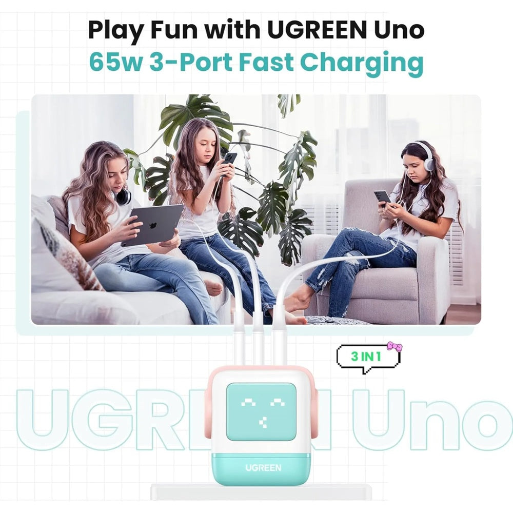 Cargador Ugreen USB-C 65W Nexode Robot GaN con Pantalla LED Puertos 1xUSB-A 3.0 y 2xUSB-C color Rosa+Azul 35856