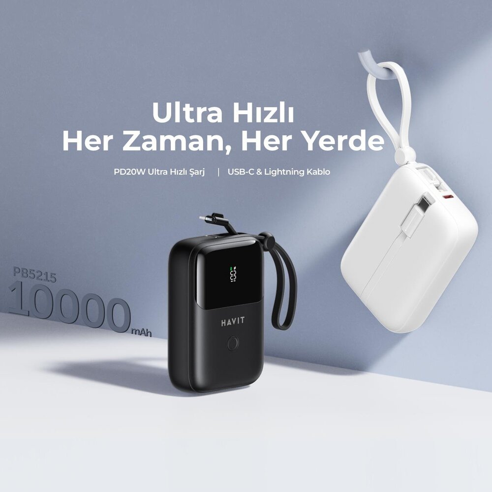Cargador Portatil Havit Power Bank de 10.000 mAh con Indicador Digital doble salida USB-C y Lightning color Negro PB5215-BK