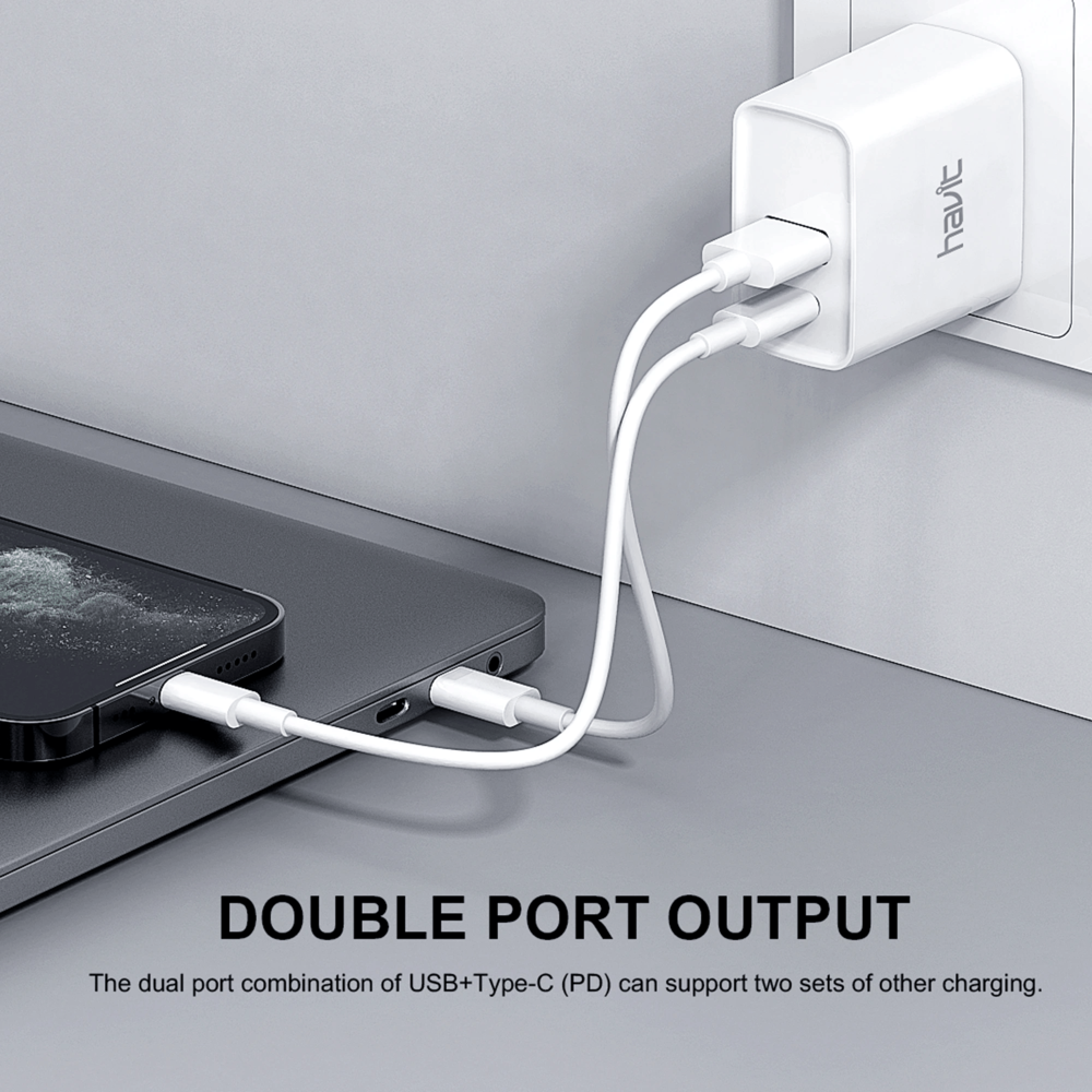 Cargador Havit PD20W + QC 3.0 USB-A 5/9/12V USB-C 5/9/12V color Blanco HV-UC111-US-W
