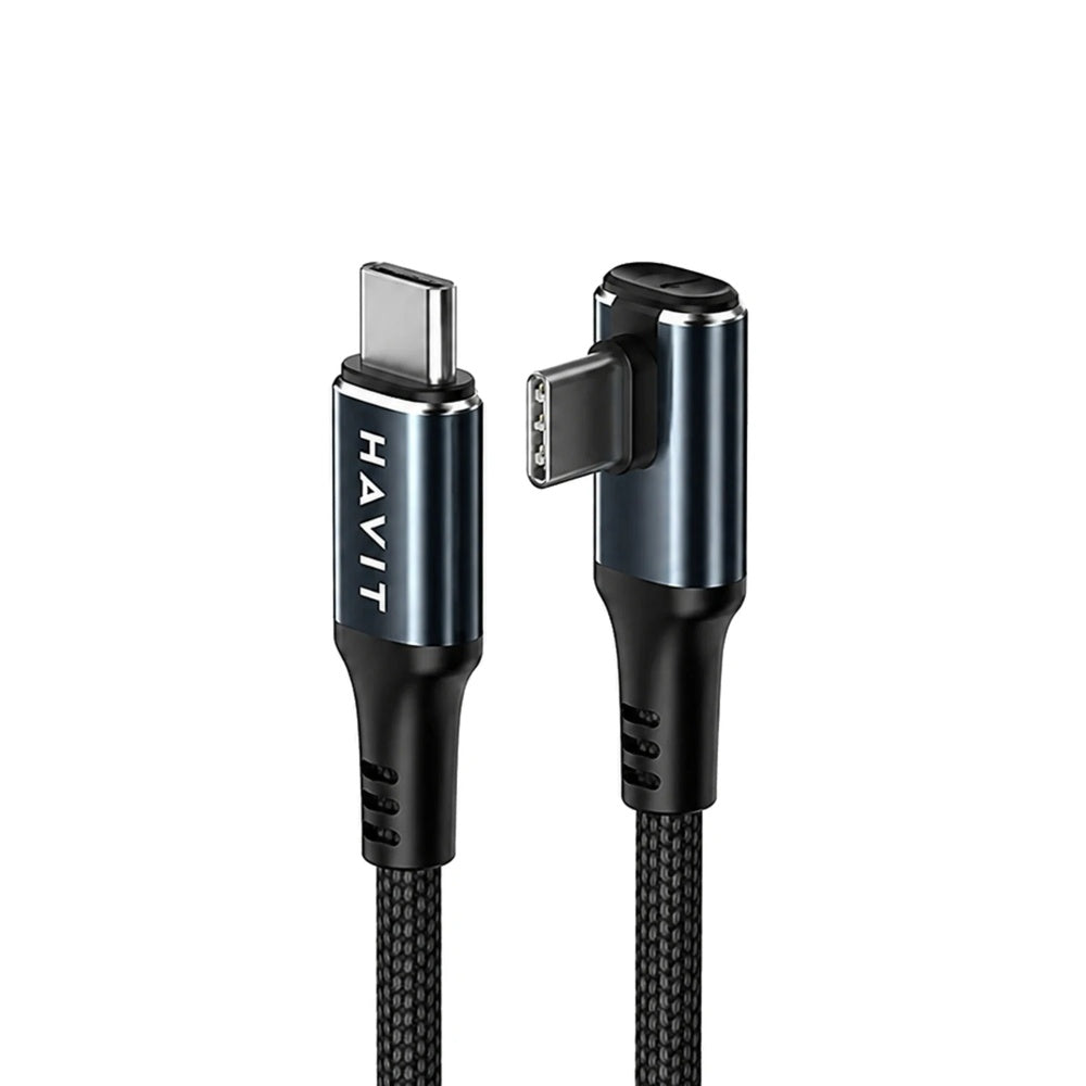 Cable Havit PD60W USB-C a USB-C Carga y Transfiere Datos Diseño Angulo 90° Largo 2m con Nylon Trenzado CB6313-BKBL